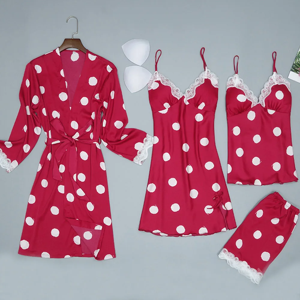 

Women Satin Silk Night Dress Kimono Bathrobe Lounge Set Sexy Nightwear Cute Dot Bridesmaid Lingerie Nightgown Sleepwear pijamas