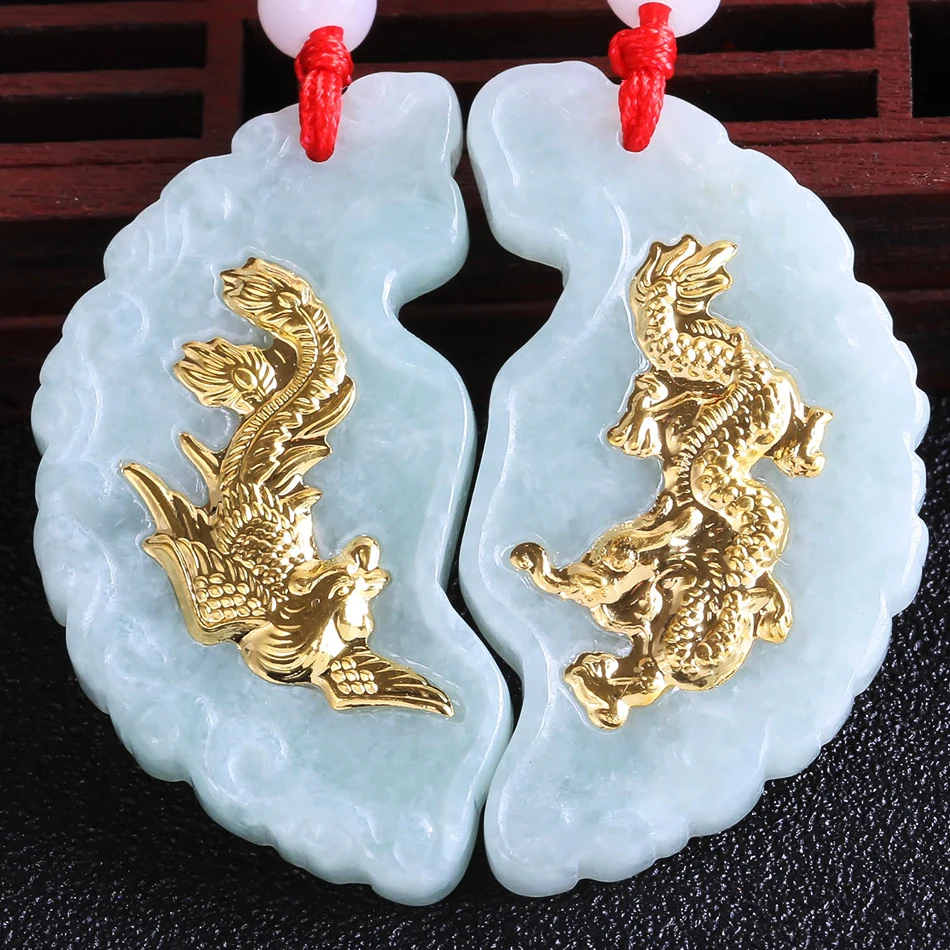 

Natural Pairs White HeTian Yu + Full Gold Inlaid Carved Dragon Phoenix round Style Lucky Pendant Necklace + Certificate Jewelry