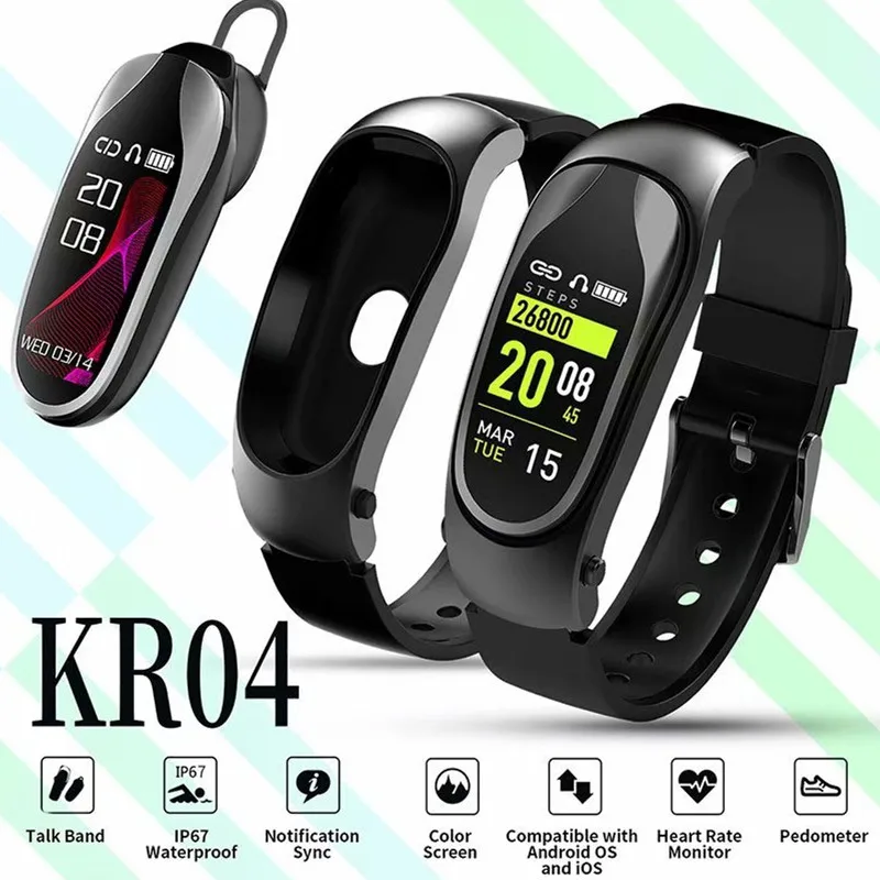 

2019 New KR04 Smart Band Bluetooth Wireless Earphone Real-time Heart Rate Monitor Color Screen Smart Bracelet For Android IOS