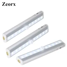 ZEORX 3 шт. Беспроводной движения PIR Сенсор 10 светодиодный Питание от аккумулятора шкаф яркие магнитные ленты Stick-на шкаф лампы