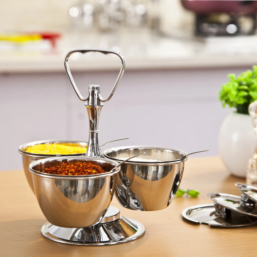 Buy Stainless Steel Revolving Server 3 Bowl Condiment Set Cruet Set Seasoning