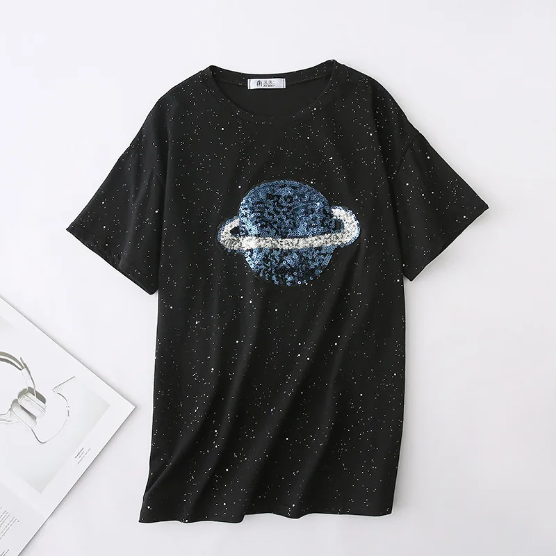 

TX787 Korean Chic O Neck Star Embroidery Shining White T Shirt Women Casual T-shirts Tee Tops