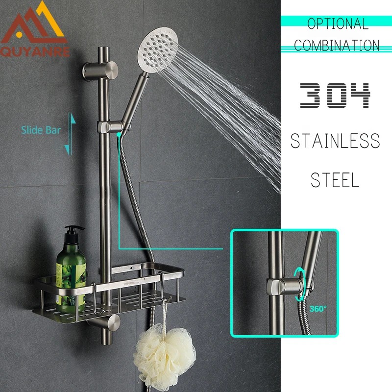 Quyanre 304 Stainless Steel Shower Slide Bar With Shelf Hook Handshower