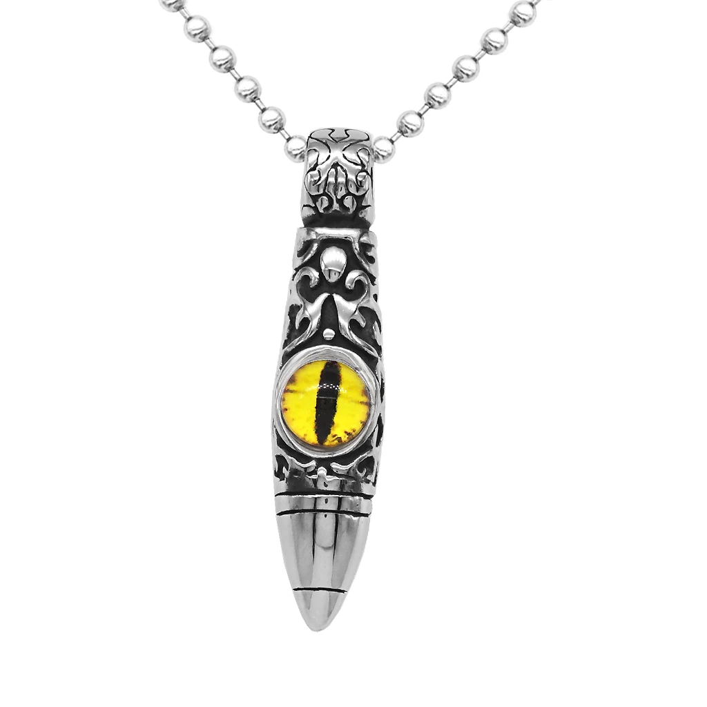 Vintage Stainless Steel Bullet Shape Evil Eye Pendant Ball Chain Necklace Fashion Punk Mens Jewelry