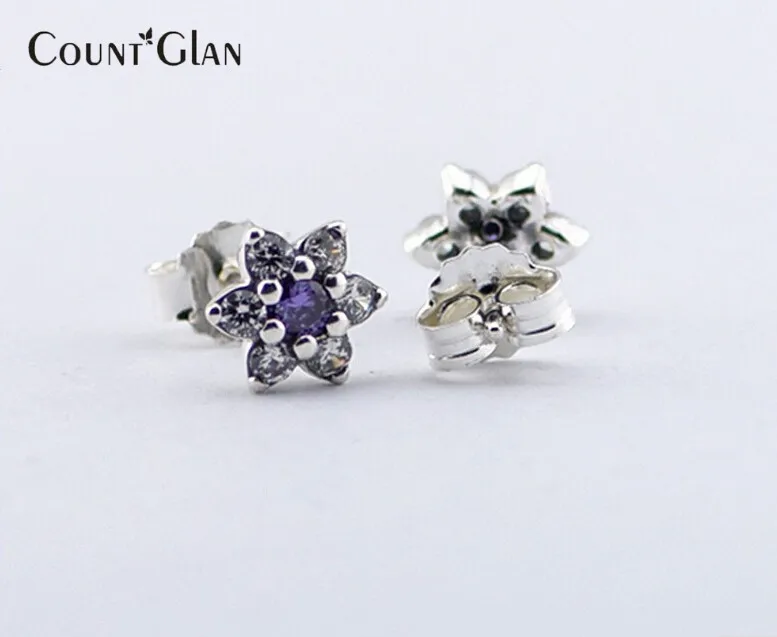 

Compatible with European Jewelry Forget Me Not Silver Stud Earrings With Purple &Clear CZ 925 Sterling Silver Jewelry DIY Women