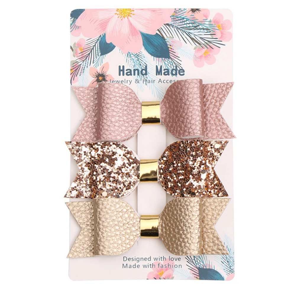 

3pcs Styling Tools Party Kids Accessories DIY Hair Clip Cute Bowknot Shape Artificial Leather Decoration Glitter Gift Fashion
