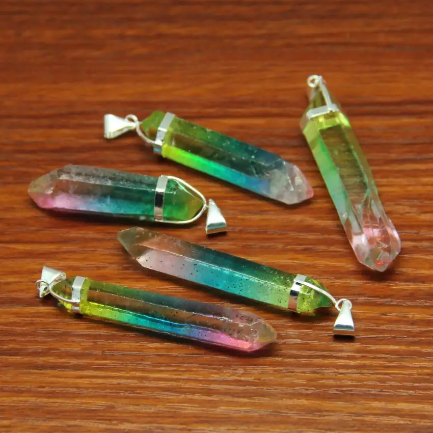 5pcs Bulk Slender Natural Quartz Double Stick Point Pendants,Titanium Gradient Color Raw