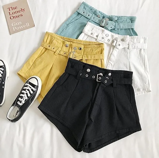 

2019 Summer Women Korean Fashion High Waist Candy Color Denim Shorts With Belt White Black Yellow Short Jeans Female Vestidos