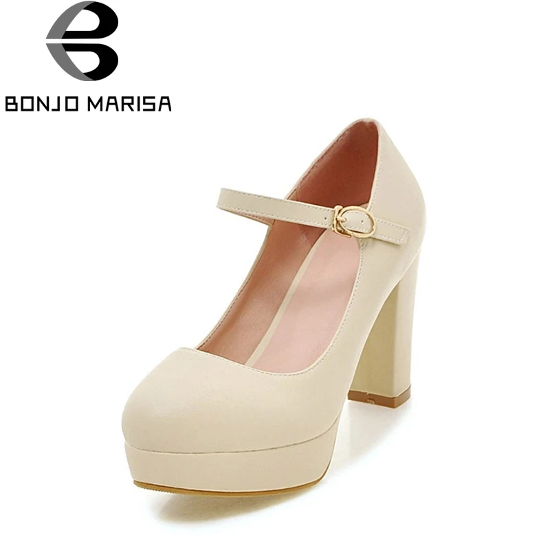 

BONJOMARISA 2019 Spring Autumn Elegant Beige Platform Buckle Strap Pumps Big Size 32-43 Shallow Shoes Woman High Heels OL Shoes