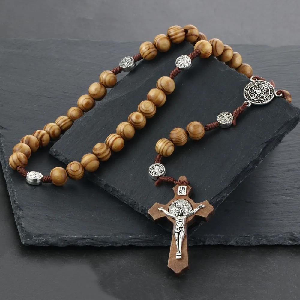

Round Saint Benedict Medal Antique Wooden Rosary Necklaces Cross Pendant for Women Religious Jesus Jewelry Mother Gifts NC083