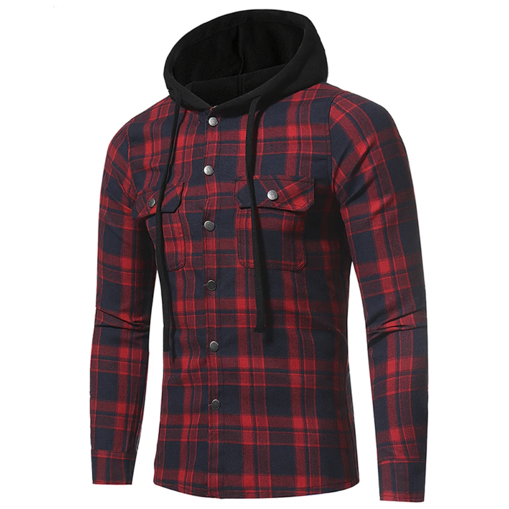 Lumberjack Check Jack рубашка модная клетчатая с капюшоном с двумя карманами с длинным рукавом мужская повседневная приталенная рубашка Топ - Цвет: Красный