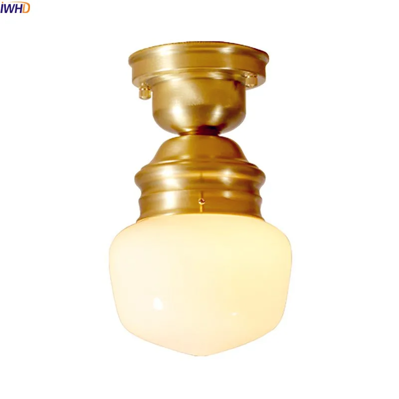 

IWHD American Copper LED Ceiling Light Fixtures Hallway Balcony Home Lighting Glass Europe Vintage Ceiling Lamps Lampara Techo