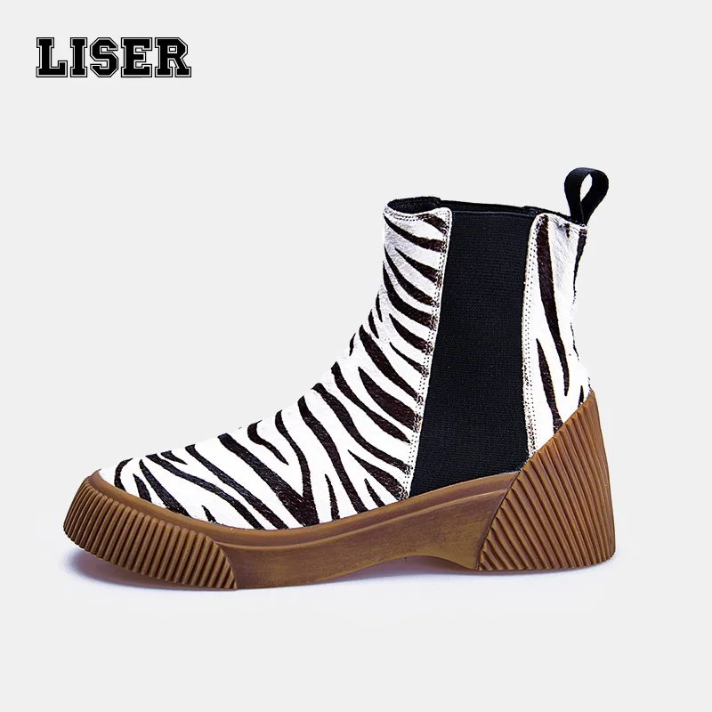 

Luxury women's horse hair genuine leather zebra leopard print ankle boots Chelsea booties thick flat non-slippery winter shoes