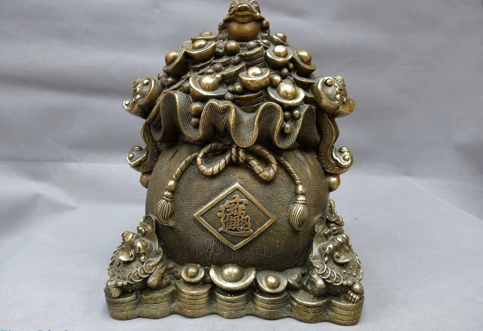 

11" China brass carved Feng Shui lucky Toad Yuan bao moneybag sculpture Statue