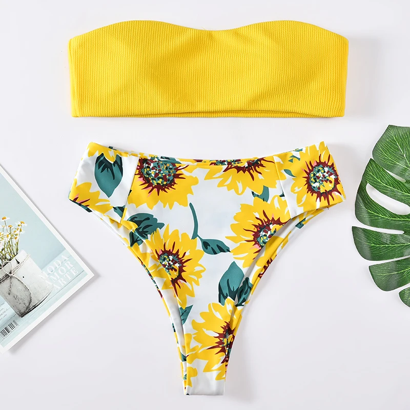 

2019 New Bandeau Floral Bikini Set Swimwear Women High Waisted Swimsuit Strapless Padded Bikini Sexy Bathing Suit Floral Biquni