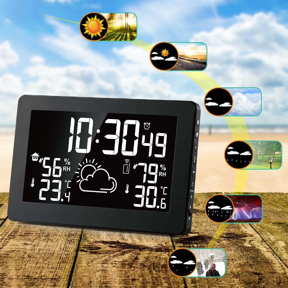Goedkoop 2 Outdoor Sensor 8 Kleuren Scherm Wireless Weerstation Temperatuur Vochtigheid Weersverwachting RCC Snooze Wekker