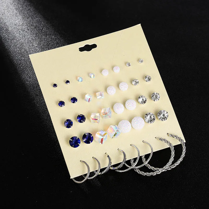 

20 pairs/set new trendy geometric round square crystal rhinestone stud earrings set for women girl fashion silver loop earrings