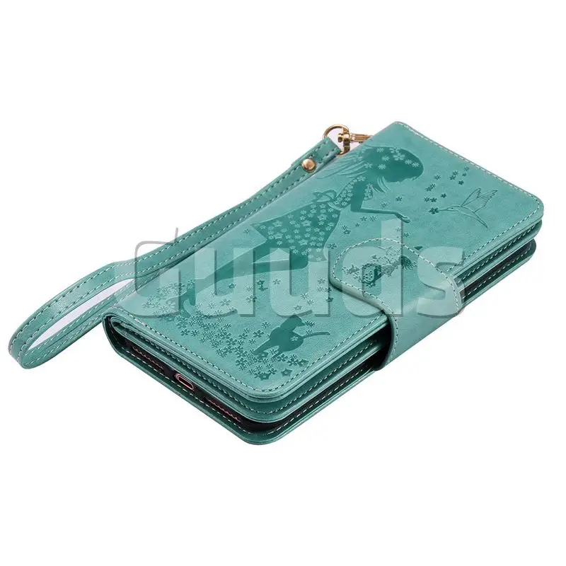 Embossing Cat Girl 9 Card Leather Wallet Case for iPhone 8 Plus / 7 Plus 7P(5.5 inch) - Green