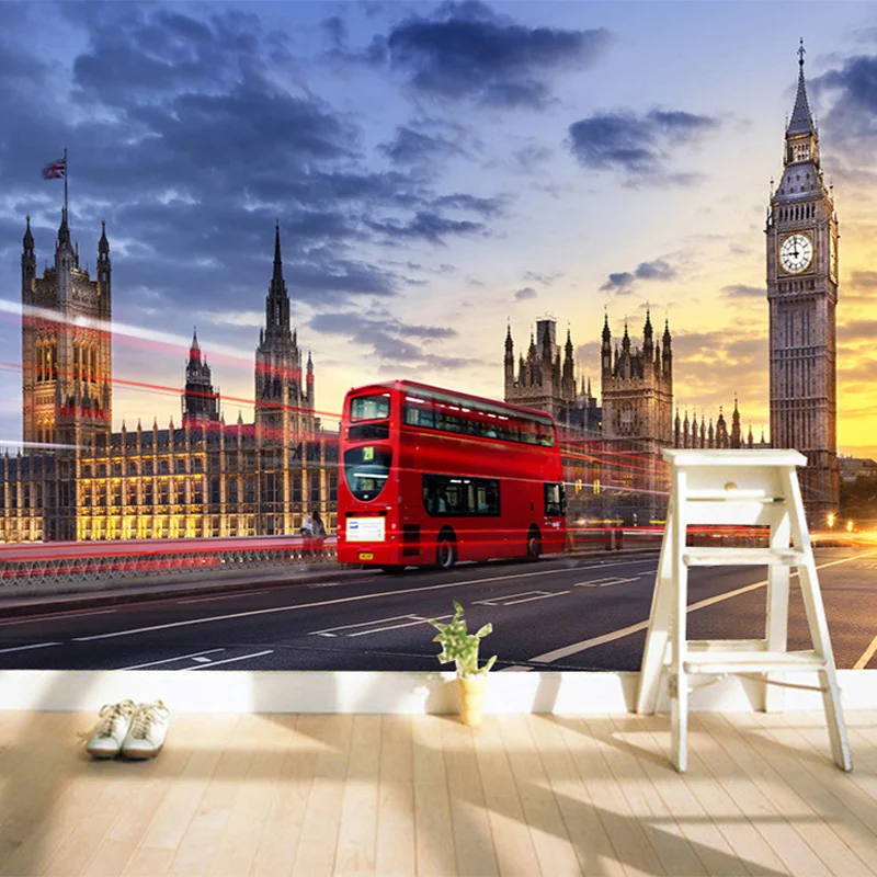 

Custom 3D Sunset Sky Red Bus European City Landscape Photo Wallpaper Dining Room Living Room Latest Beautiful Mural Home Decor