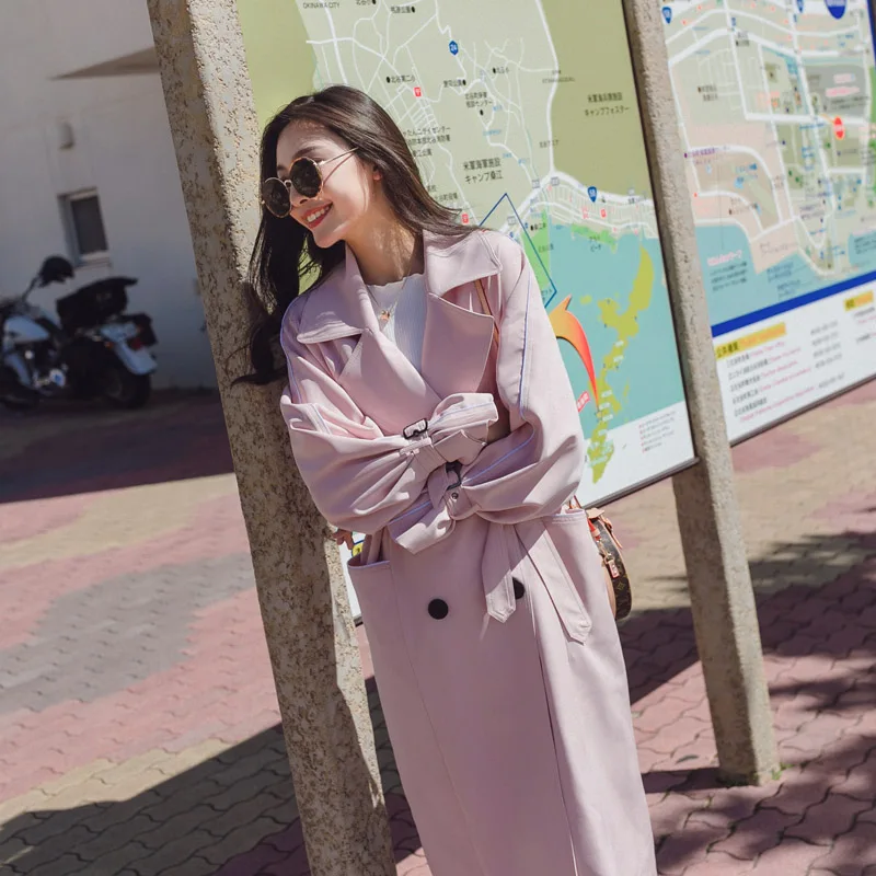 Trench vent Nouvelle Féminin Boutonnage blue Double black Femmes Version Manteau Tranchée Long Pink Coréenne Pour Printemps Mode Coupe À Coat Automne 0OPn8kwX
