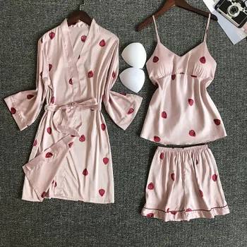 

HaloSweet 2019 Summer Slik Sleepwear Suit Female Three Pieces Sexy Pajamas Shorts Sleep Robe Kawaii Home Suit Pijama Home Wear