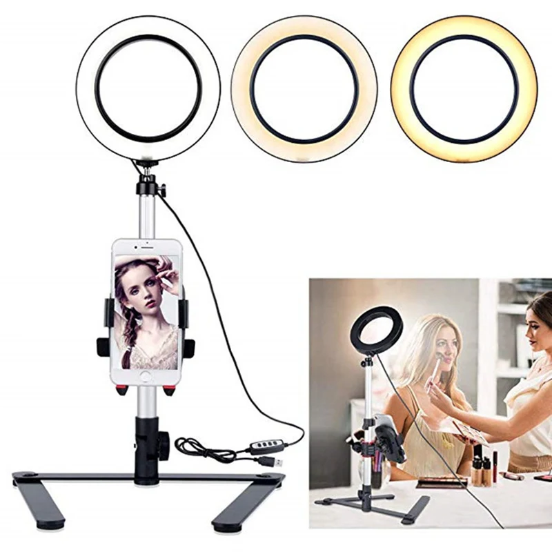

5.7 inch Ring Light with Desktop Phone Stand for Makeup Mini LED Camera Light Phone Holder Table Top LED Lamp mobile holder