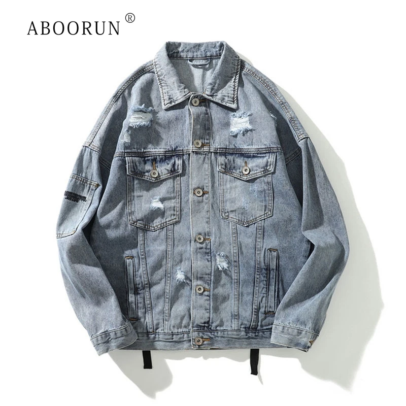 

ABOORUN Hi Street Men's Ripped Denim Jackets Oversized Letters Embroidery Denim Jackets Hip Hop Denim Coat for Male R1331