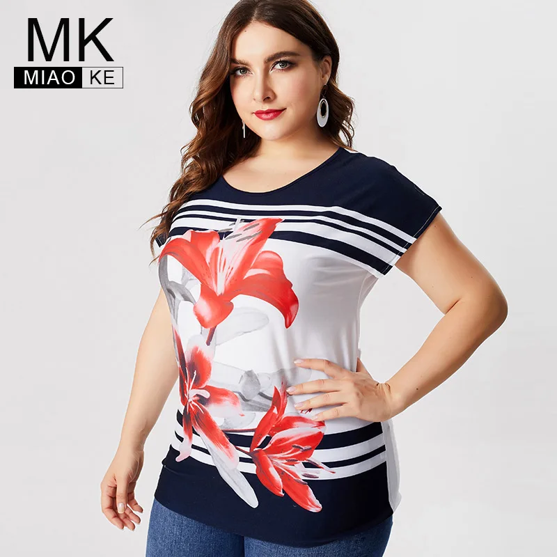 

MK 2019 Summer womens Plus Size Short sleeve t shirts fashion ladies Vintage elegant female Print floral Extensible tops