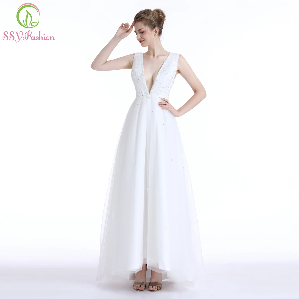 

SSYFashion New Luxury Evening Dress Robe De Soiree Sexy Deep V-neck White Tulle Beading Backless Prom Gown Custom Formal Dress