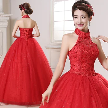 

Holievery Halter Neck Lace Tulle Ball Gown Wedding Dress Boho 2019 Red Ivory Bride Dress Lace Up Bridal Gowns for Mariage