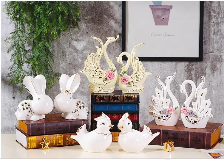 Современные керамические декоративные поделки, европейские свадебные подарки, креативные домашние настольные украшения, кролики, лебеди, слоны, цыплята