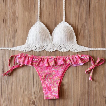 

Swimwear Women Crochet Bikini 2017 Pure Sets Handmade Top Sexy Halter Floral Print Bikini Low Waist Swimsuit maillot de bainN
