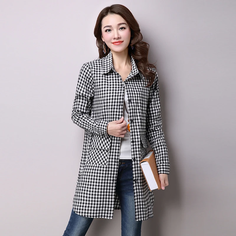 2017 New Autumn Winter Women Long Shirts Loose Large Size Cotton Plaid