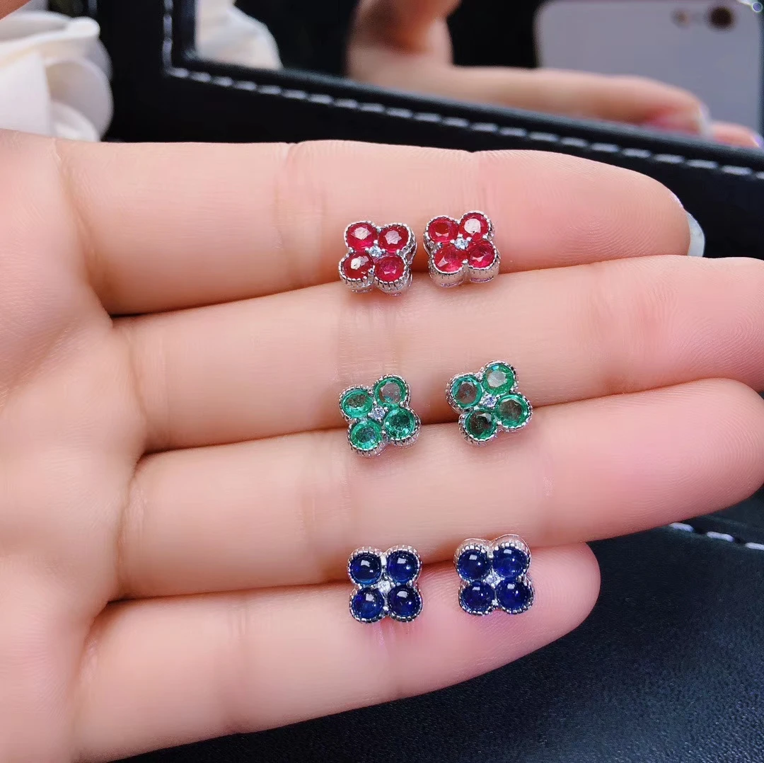 natural green emerald stud earrings Natural ruby sapphire earrings Elegant Lovely Clover S925 silver girl gift fine jewelry