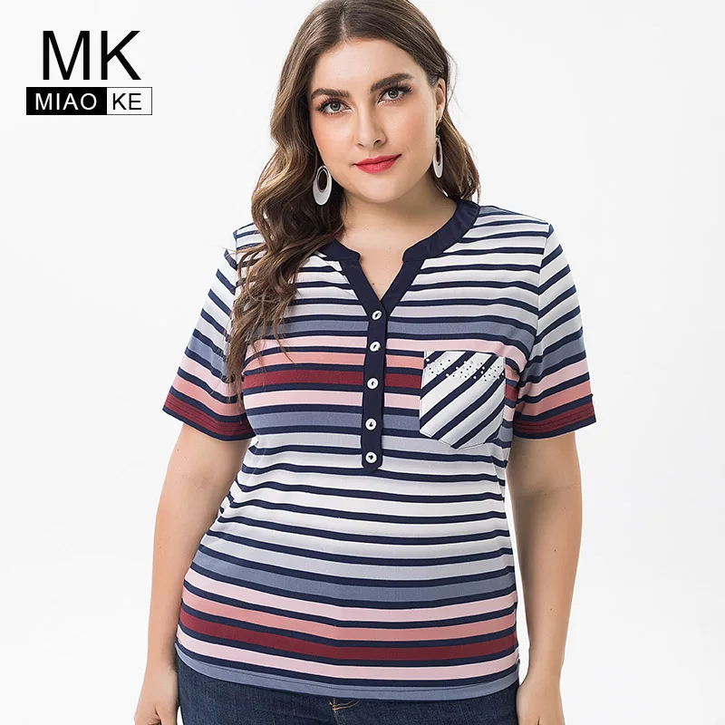 

Miaoke 2019 Summer ladies Plus Size stripe short sleeve tops and blouses womens Clothing elegantes female shirts