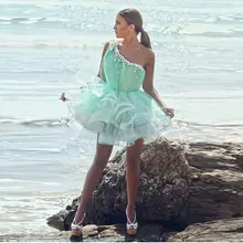 Trendy Grün Kristall kurze Cocktailkleider neue Ankunft Rüschen kurzen Kleid Schulter Puffy Verlobungskleider T