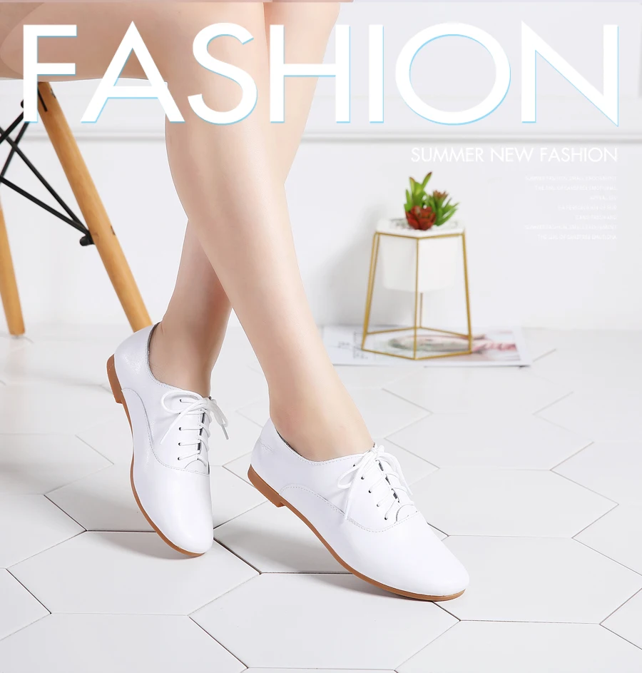 LZJ Spring women oxford shoes ballerina flats shoes women genuine leather shoes moccasins lace up loafers white shoes 35-44