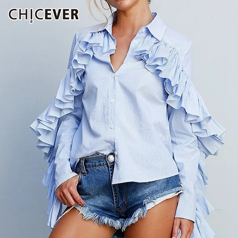 Женская блузка CHICEVER летняя синяя с длинным рукавом и отложным воротником|Блузки|
