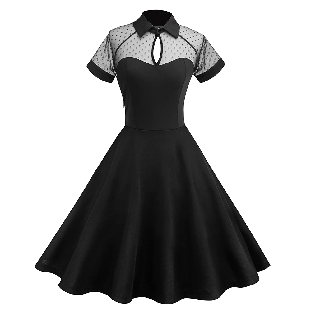

Gothic Vintage Dress Black Dot Mesh lace dress Patchwork See-Through Party Sexy Goth Dresses Summer 2018