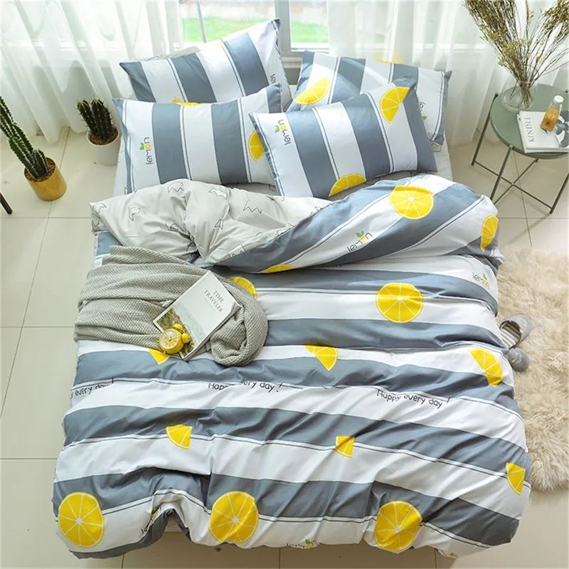 

Simple style Blue stripe lemon pattern Bedding Sets Queen King gray Sheet Duvet Cover Pillowcase boys/adult gift home ornament
