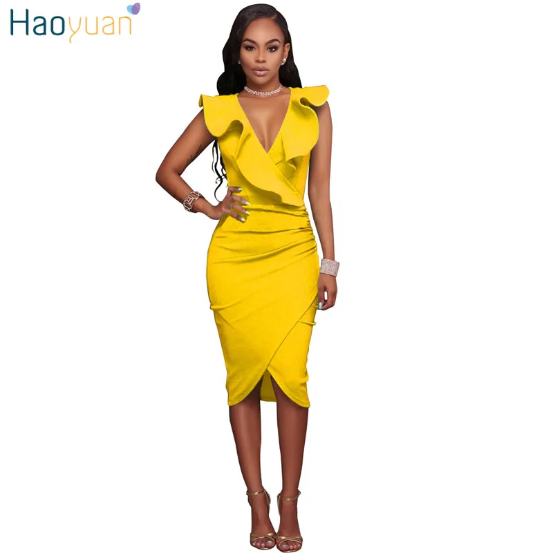 

HAOYUAN Women Summer Dress 2018 Ruffle V Neck Elegant Yellow Black White Tunic Robe Sexy Dresses Clothes Vestidos Bodycon Dress