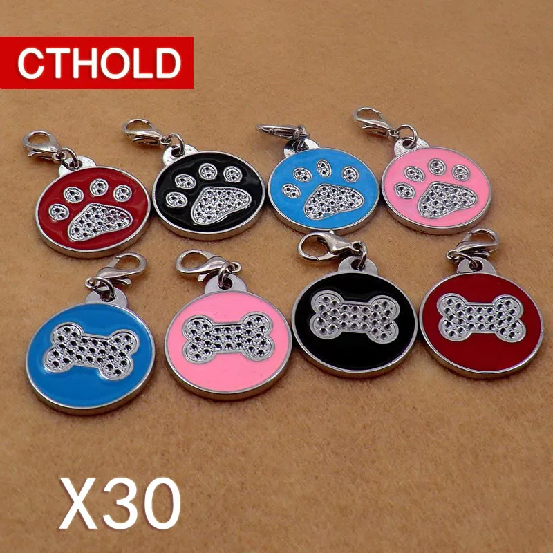 

CTHOLD 30pcs/lot Dog ID Tag Metal Customized Pet Tag Small Large Dog Accessories Personalized Bone Paw Name Tag Plate cat Collar