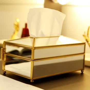 

ANFEI high quality gold glass tissue box with mirror lid gold edges glass tissue mirror box with lid B2311