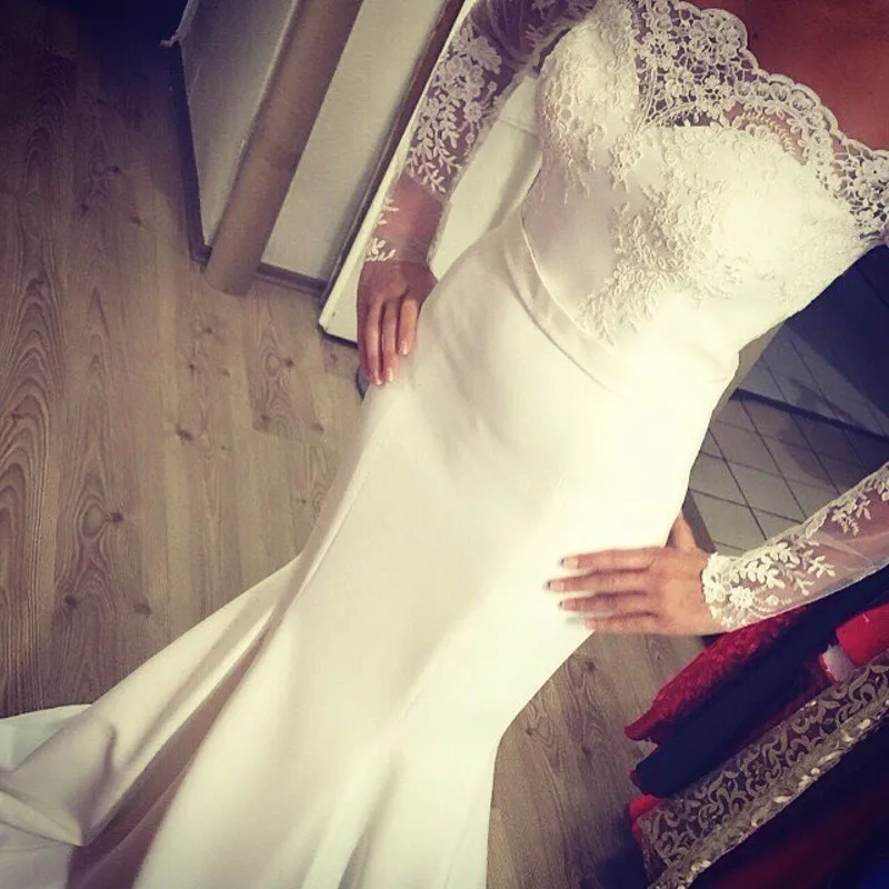 

Vestido De Noiva Luxury Wedding Dresses Bride Married Lace Appliques Long Sleeves Sweep Train Boat Neck Elegant Wedding Gown