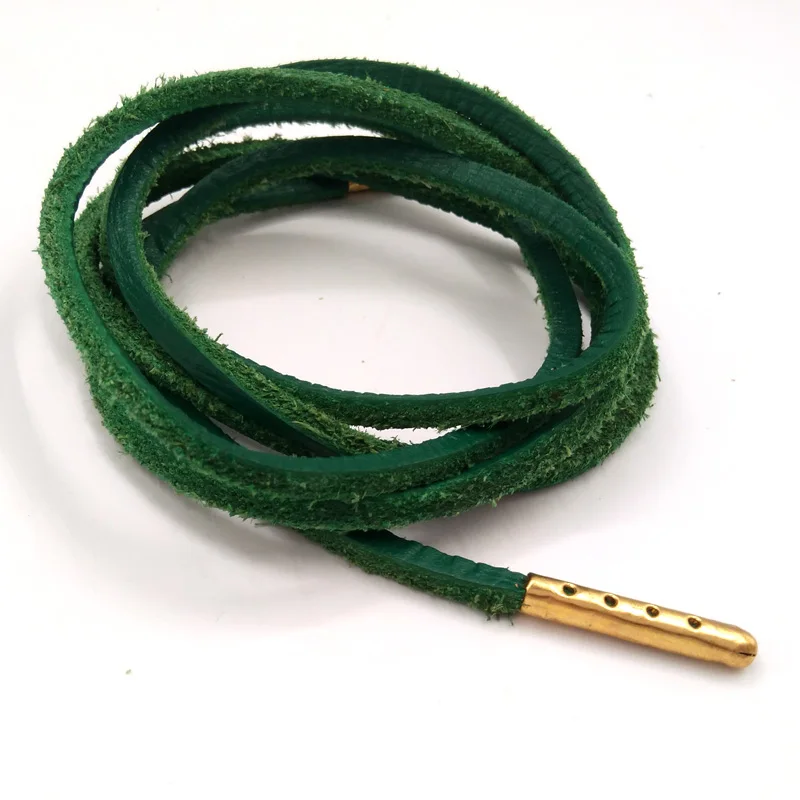 1-12Pairs Green Mens Fashion Quality Genuine Top Layer Leather Shoelaces Retro Leather Boot Shoes Shoestring Metal Head Shoelace