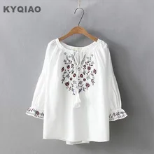 KYQIAO вышивка рубашка женщин Таиланд стиль бохо хиппи О образным вырезом три четверти рукав белый красный синий рубашка с вышивкой