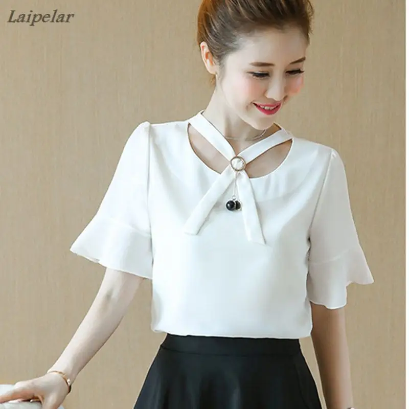 

Chiffon Blouse Women Tops 2018 New Flare Sleeve Shirt hollow Bow Ladies shirts Office Blouse Fashion Casual Blusas Femininas
