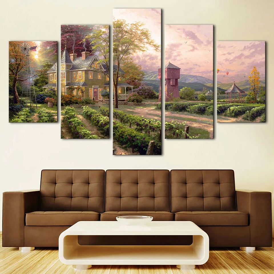 Frame Art Decor Home For Living Room Wall 5 Pieces House Tree Fields