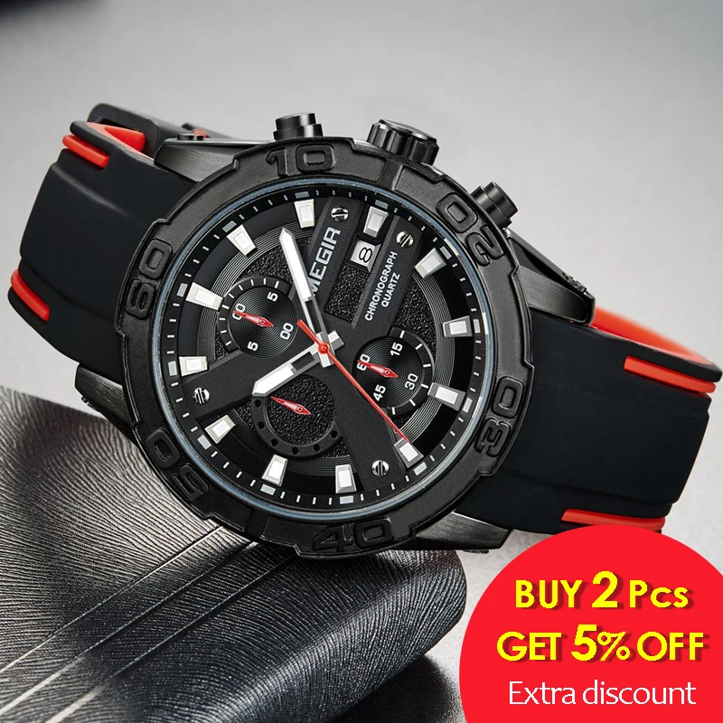 MEGIR Men Watches Analog Quartz Wristwatch Waterproof Sport Chronograph Silicone Military Watch Men