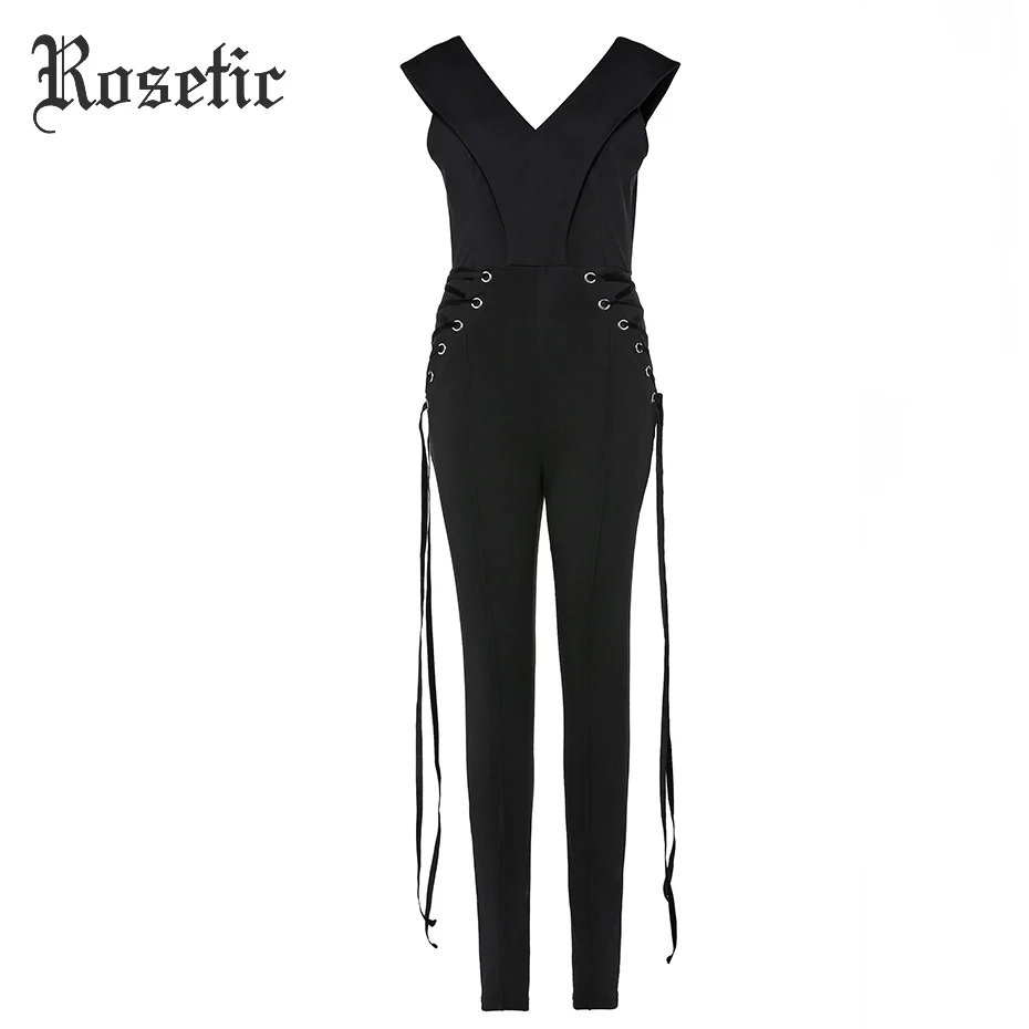 Rosetic Gothic Jumpsuits Women Black Summer sleeveless Slim Lace up